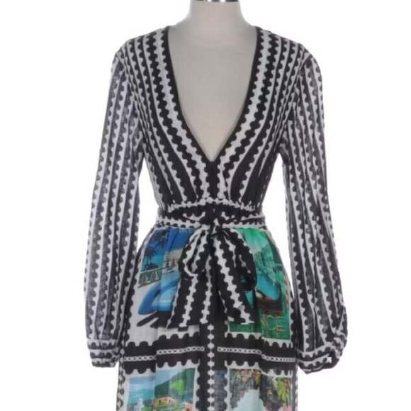 Mary Katrantzou Plunging V-Neck Maxi Dress in Postage Stamp Printed Linen - Picture 4 of 8